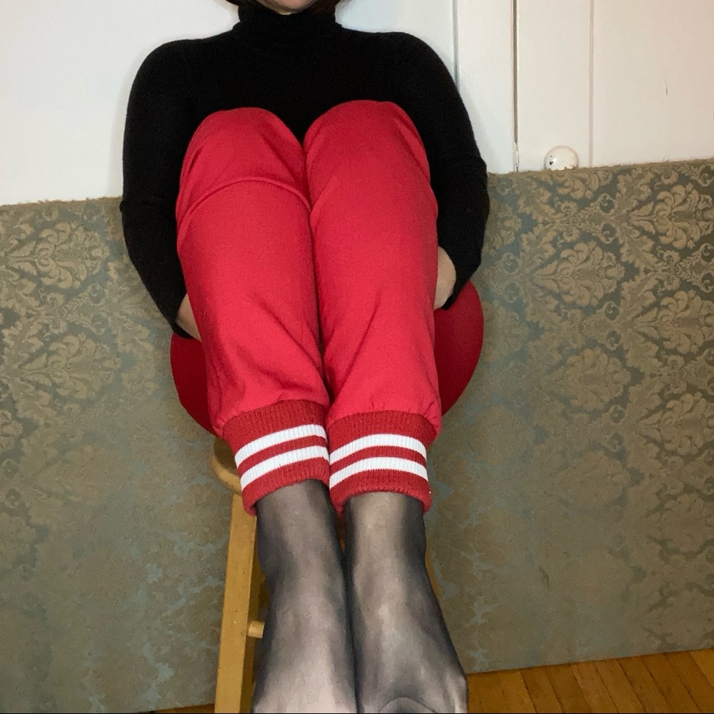 Pink Tartan red dress pants with ribbed cuff ankles